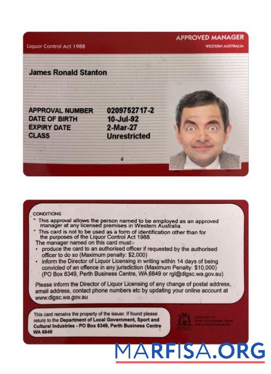 Printable Western Australia approved manager license card sample